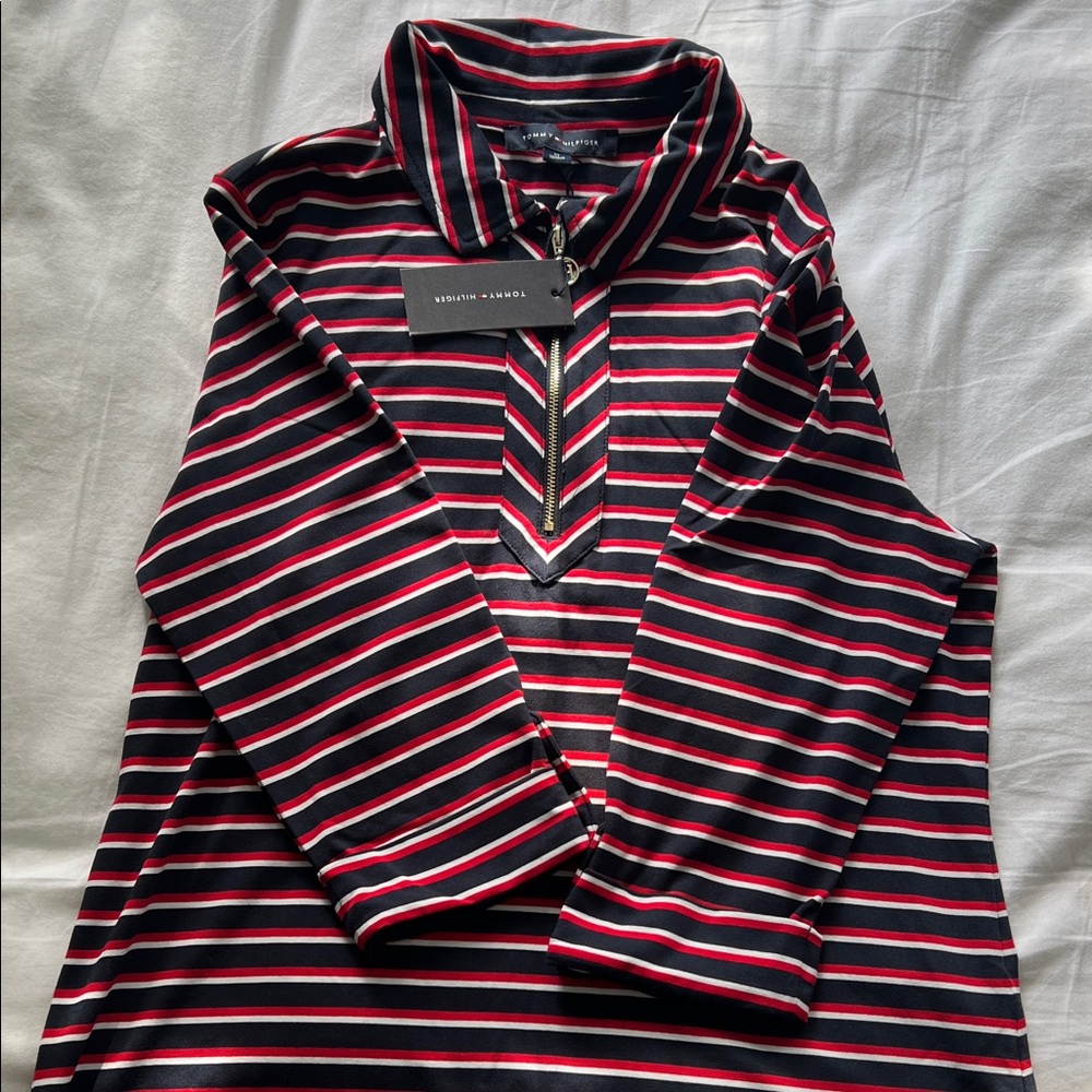 Tommy Hilfiger Navy and Red Striped Quarter-Zip Top